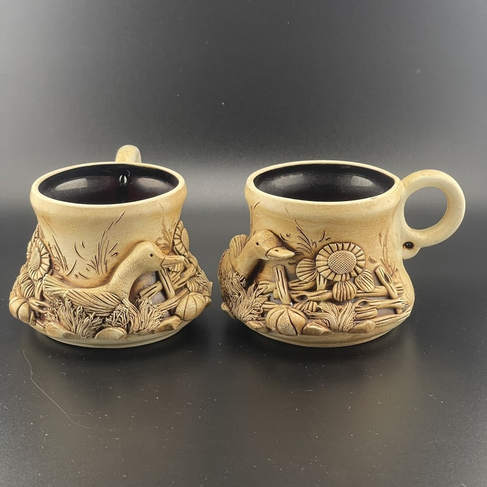 Unique Handmade Duck Goose Pottery Coffee Cup Signed B.C. Fence Sunflower